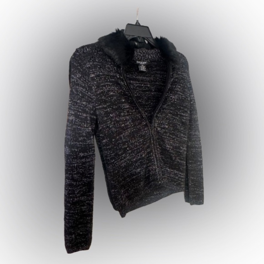 Escapade Rabbit Fur Trim Black Metallic Zip Sweater/Jacket